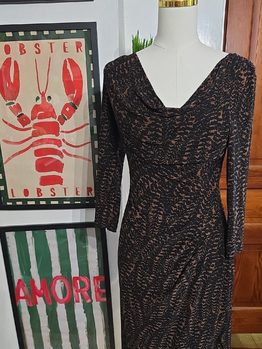 Ralph Lauren Black Dress with Brown Abstract Print - Long Sleeve Cowl Neck 6